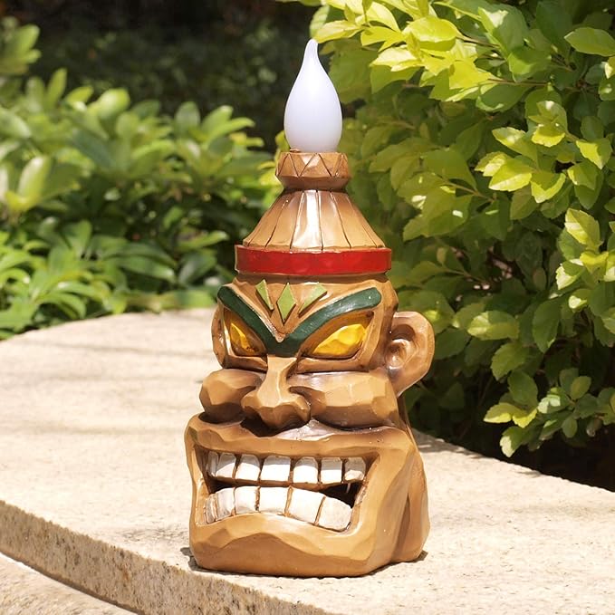 Outdoor Solar Tiki Statue Decor-Tiki Bar Decoration-Torch Tiki Head Statues Outdoor Decorations for Garden,Patio,Yard,Backyard,Lawn,Garden Gift,Garden Tiki Figurine 8.74 Inch Tall-VerdiqueGarden