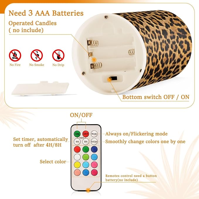 Flickering Flameless Candles, Leopard Texture LED Candles with Remote Timer, Set of 2 Battery Operated Candle for Valentine Wedding Birthday-VerdiqueGarden