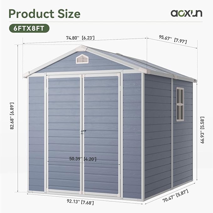 Aoxun 6X8 FT Resin Outdoor Storage Shed with Floor, Plastic Garden Shed with Lockable Door and Window, Tools House to Store Patio Furniture, Bike Accessories, Garbage Can and Lawn Mower - Grey-VerdiqueGarden