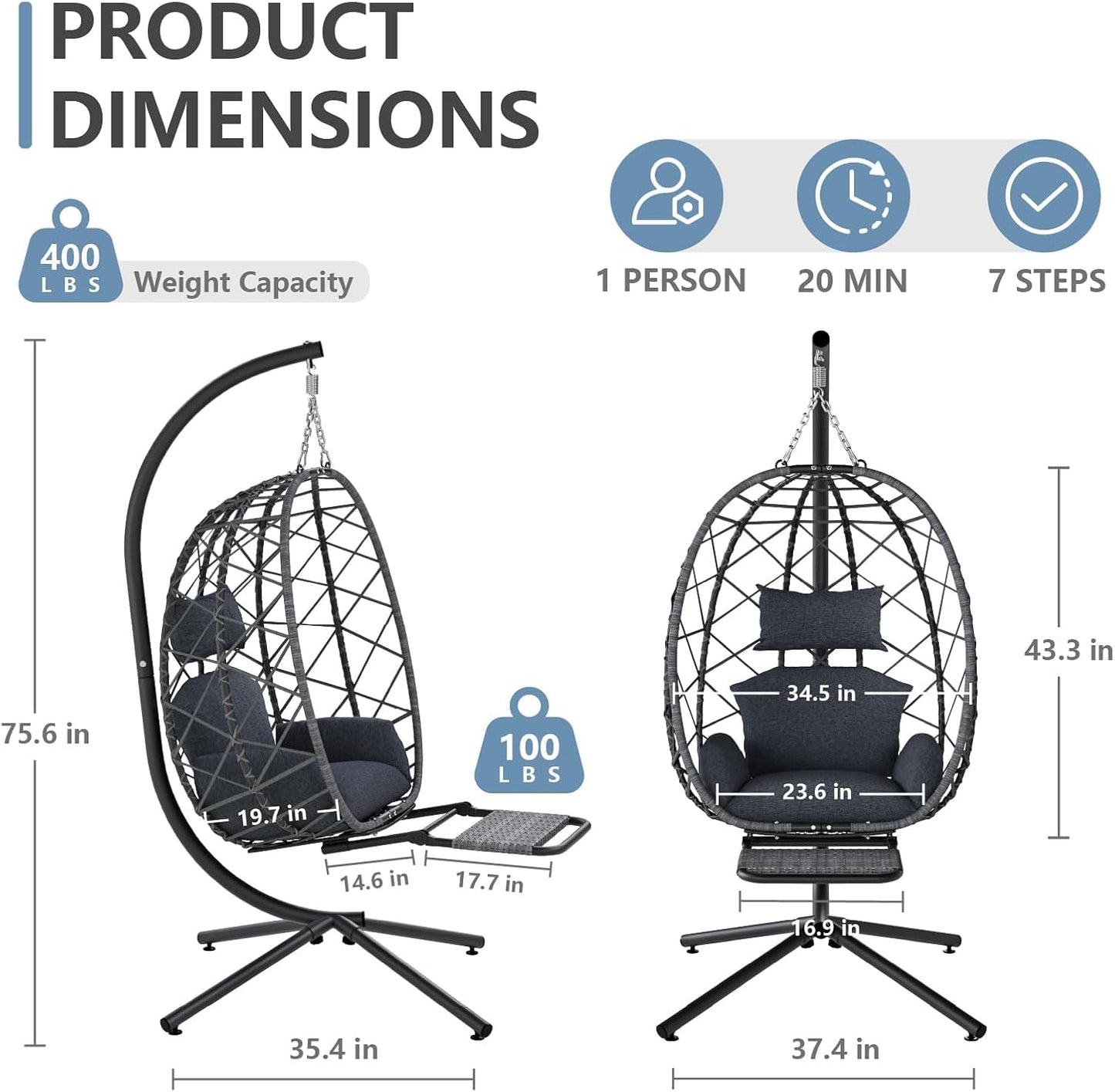 SWITTE Hanging Egg Chair with Stand, Outdoor Swing Egg Chair with Footrest, Patio Hammock Chair with Cushion for Garden Backyard-Dark Grey-VerdiqueGarden
