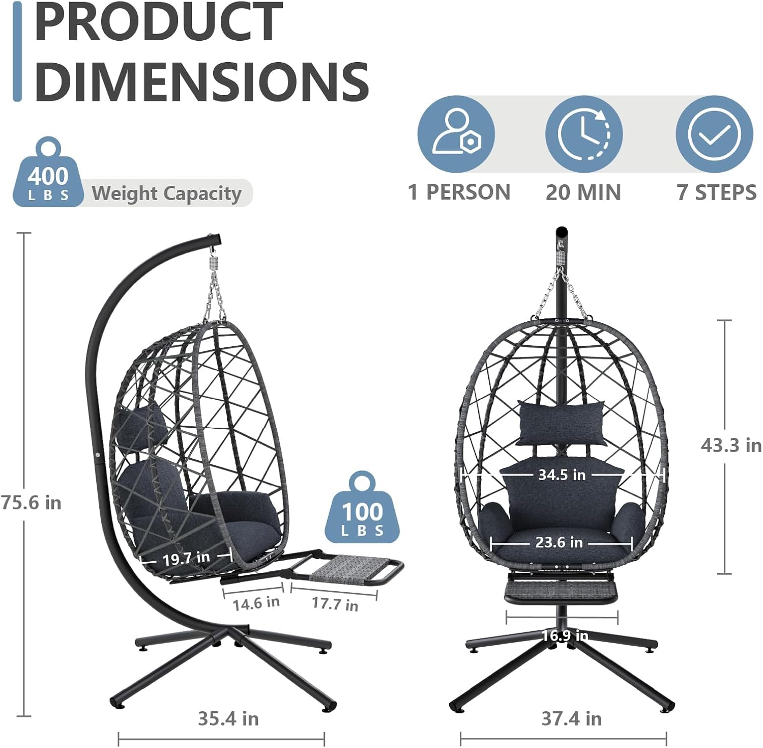 SWITTE Hanging Egg Chair with Stand, Outdoor Swing Egg Chair with Footrest, Patio Hammock Chair with Cushion for Garden Backyard-Dark Grey-VerdiqueGarden