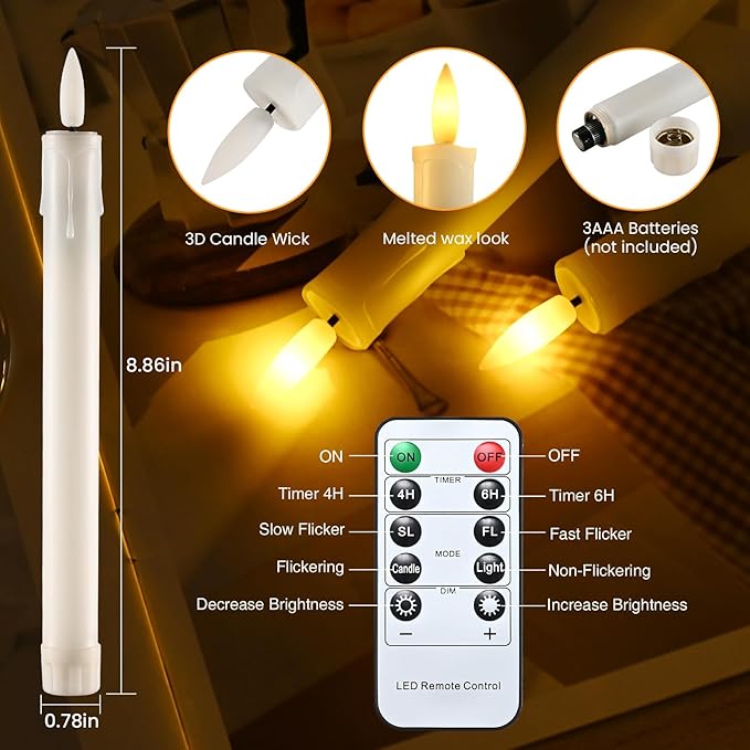 JOSU 6 Pack Flameless Candles with Remote Control Timer, Flickering LED Taper Candles Battery Operated, Christmas Window Light for Candleholder for Home Decor Thanksgiving Wedding Decoration-VerdiqueGarden