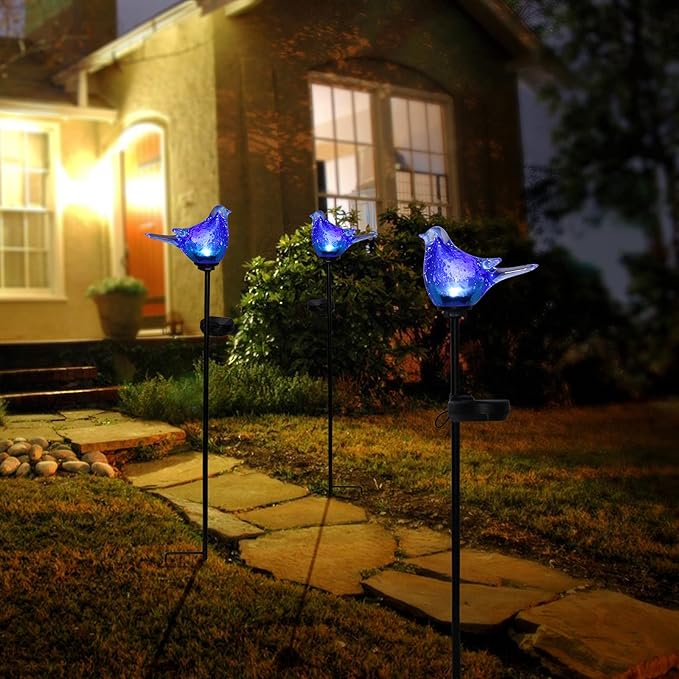 Afirst Solar Bluebird Garden Stake Lights - Hand Blown Glass Decorative Garden Pathway Lights Outdoor Waterproof Bird Glass Stakes-VerdiqueGarden