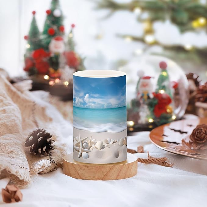 Flickering Flameless Candles, Starfishes Seashells Beach Blue Sky LED Candles with Remote Timer, Set of 2 Battery Operated Candle for Valentine Wedding Birthday-VerdiqueGarden