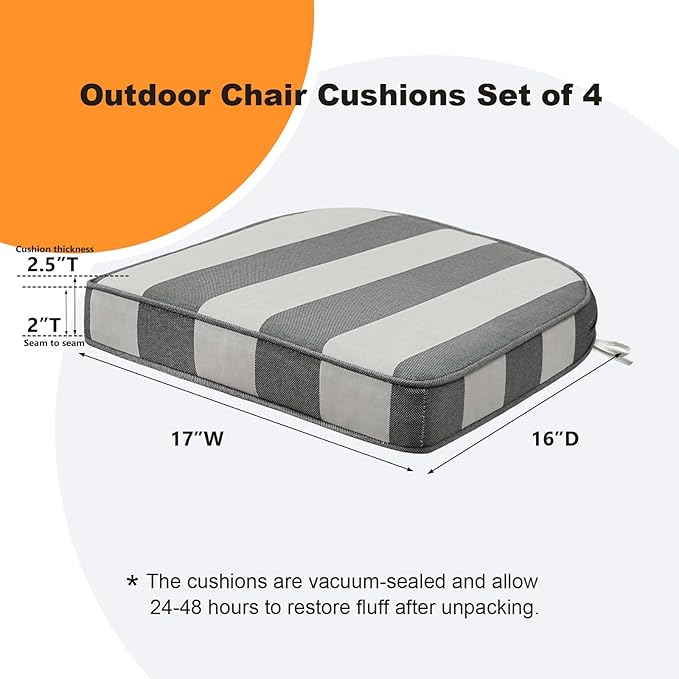Round Corner Seat Cushions, 17" x 16" x 2", Set of 4, Indoor Outdoor Water Repellent Universal Chair Pads with Ties for Patio Furniture, Garden Deck Dining Chairs, Gray Stripe-VerdiqueGarden