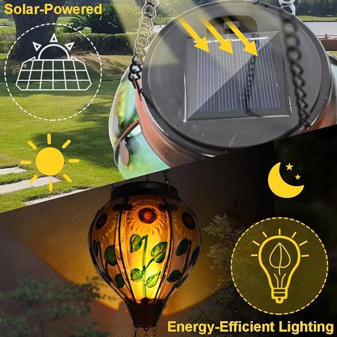 Hot Air Balloon Solar Lantern with Flickering Flame, Glass Hanging Garden Lights Outdoor Waterproof for Tree Yard Patio Mother's Day Gift, 18" H Sunflower-VerdiqueGarden