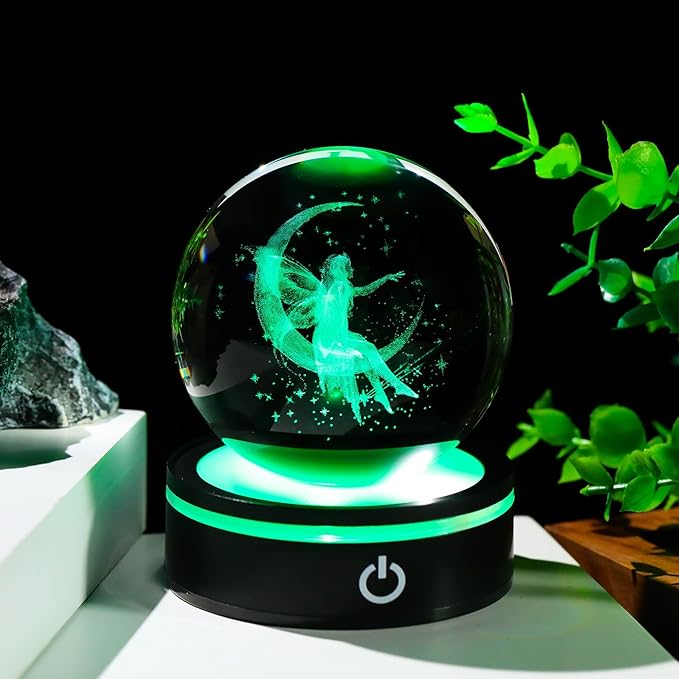 YWHL 3D Crystal Moon Figurine with Colorful LED Base, Laser Fairy Gifts for Women Girls on Christmas Birthday, Glass Globe Decorative Ball for Fairy Lovers Home Decor (80mm)-VerdiqueGarden