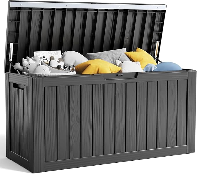 80 Gallon Resin Deck Box, Lockable Patio Outdoor Storage Box for Furniture, Garden Tools and Tools Storage, Waterproof Outside Storage Box - Black-VerdiqueGarden