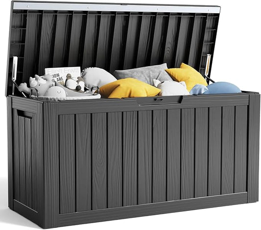 80 Gallon Resin Deck Box, Lockable Patio Outdoor Storage Box for Furniture, Garden Tools and Tools Storage, Waterproof Outside Storage Box - Black-VerdiqueGarden