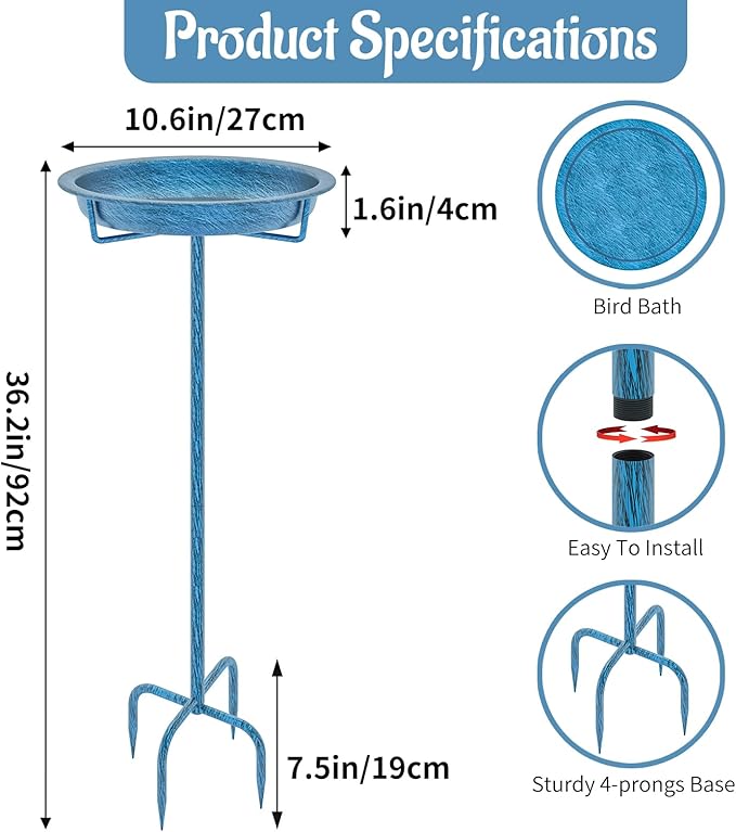 Metal Bird Bath for Outside, 36.2" Height Birdbath Bowl Standing Bird Feeders for Outdoors with 4 Prongs Base Stake, Freestanding Birdfeeders for Garden Yard Lawn Decor (Retro Blue)-VerdiqueGarden