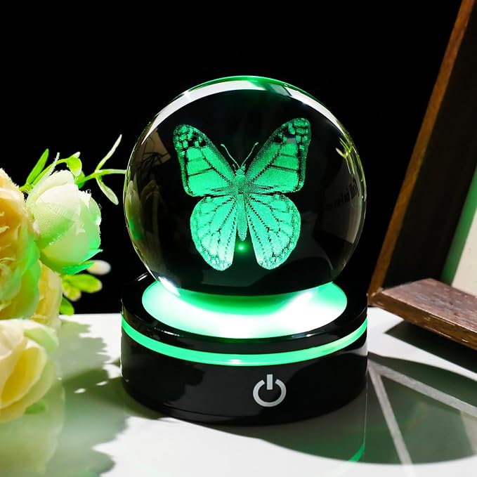 YWHL 3D Crystal Ball Butterfly Figurine with Colorful LED Base, Laser Butterfly Gifts for Women Men on Christmas Birthday, Ornament Glass Sphere Decorative Ball for Home Decor (80mm)-VerdiqueGarden