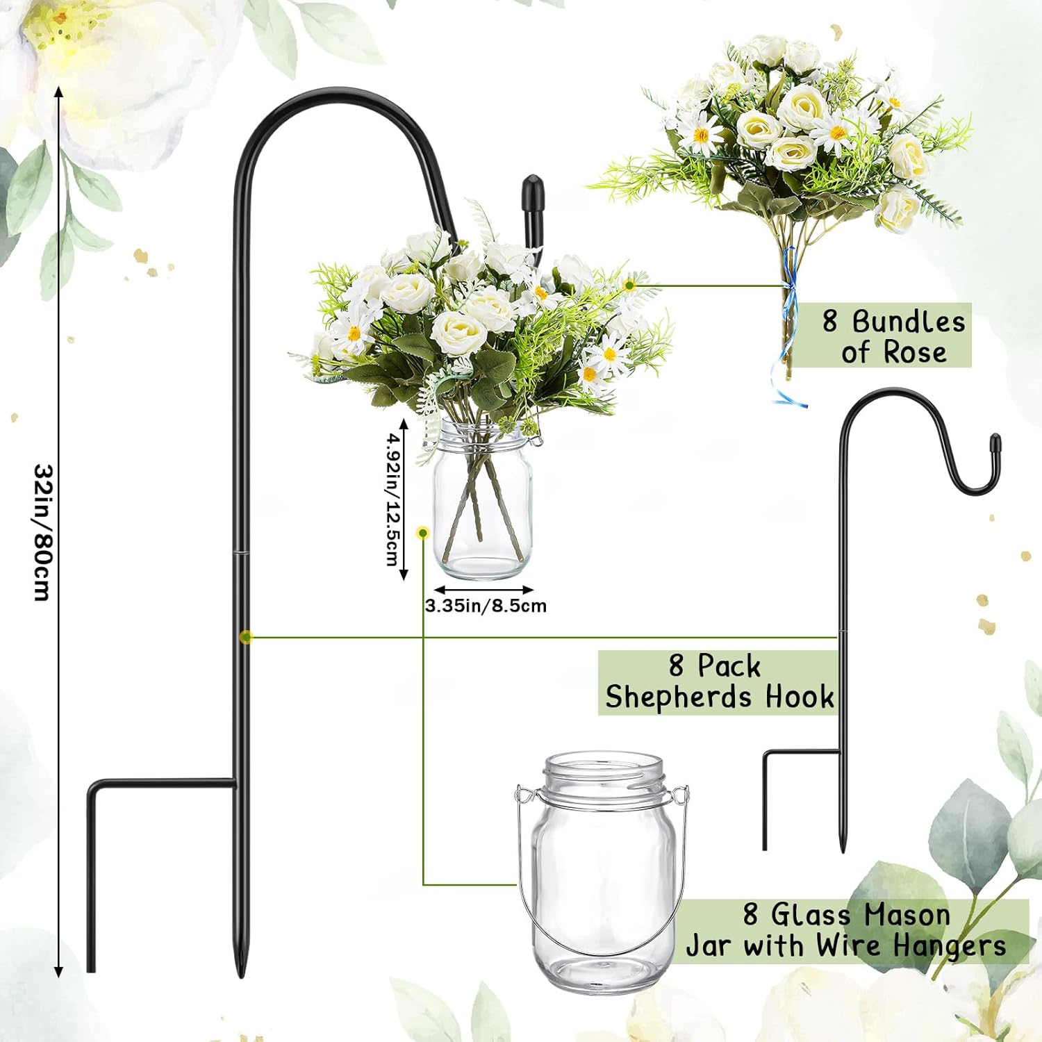 8 Sets Wedding Aisle Decoration Include 16 oz Rose Daisy Hanging Mason Jar 32" Shepherds Hooks Rustic Mason Jar with Faux Rose and Daisy for Outdoor Wedding Isle Ceremony Decorations-VerdiqueGarden
