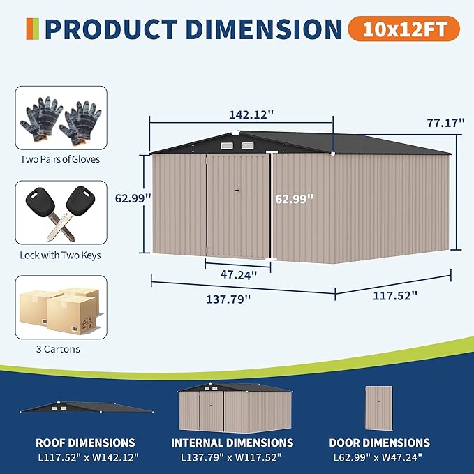 10x12 FT Metal Storage Sheds Outdoor with Floor, Metal Yard Sheds Garden Shed Kit, MetalTool Shed with Lockable Door, Metals UtilitySheds Buildings with Air Vent for Backyard Garden Patio Lawn-VerdiqueGarden