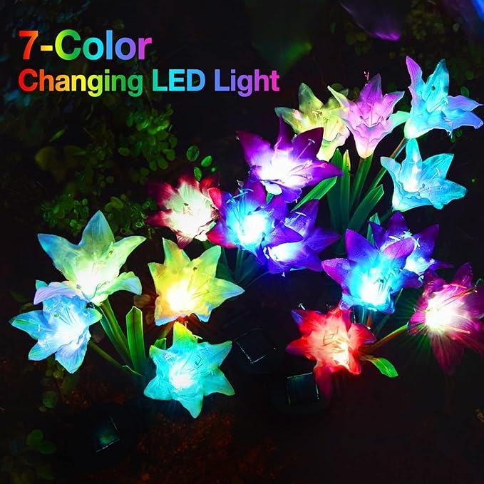 KOOPER Outdoor Solar Lights, 4 Pack Solar Garden Lights with Bigger Lily Flowers, Waterproof 7 Color Changing Solar Lights Outdoor - Bigger Solar Panel for Outdoor Patio Yard Garden Decoration-VerdiqueGarden