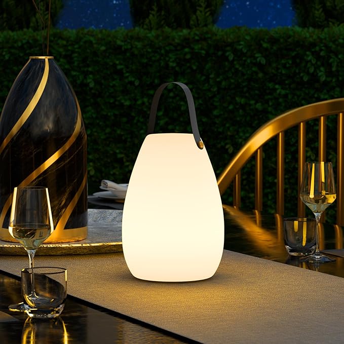 uuffoo Portable Outdoor Table Lamp, Dimmable Cordless Lamp with Remote and 7 RGB Colors IP44 Waterproof Hanging Lamp Indoor/Outdoor Night Lamp Lantern for Bedroom Garden Dining Camping-VerdiqueGarden