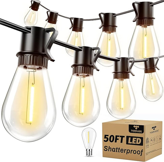 Torkase 50FT Outdoor String Lights LED, S14 Shatterproof Bulbs (15+1), Waterproof Dimmable Patio Lights for Backyard, Porch, Garden - Connectable Commercial Grade-VerdiqueGarden