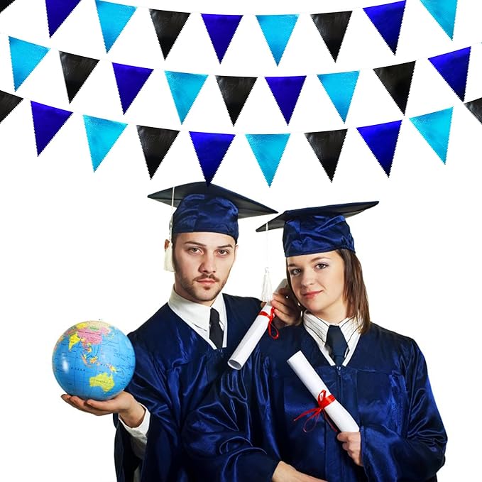 Black Blue Party Decorations Metallic Fabric Triangle Pennant Banner Flag Bunting Garland for Video Game Nautical Birthday Graduations Retirement Wedding Bachelorette Outdoor Holiday Party Supplies-VerdiqueGarden