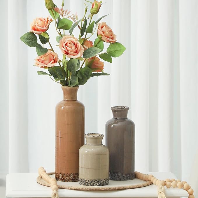 Ceramic Vase Set of 3, Neutral Flower Vases Home Decor, Pottery Rustic Farmhouse Decorative Vases Modern Decor for Table Mantel Entryway Bookshelf Living Room Kitchen Bedroom - Brown-VerdiqueGarden