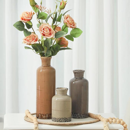 Ceramic Vase Set of 3, Neutral Flower Vases Home Decor, Pottery Rustic Farmhouse Decorative Vases Modern Decor for Table Mantel Entryway Bookshelf Living Room Kitchen Bedroom - Brown-VerdiqueGarden