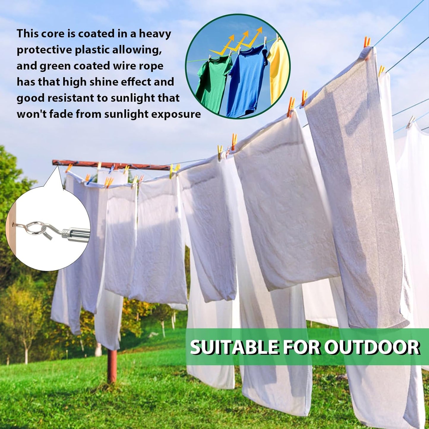 100 Ft Turnbuckles for Cables Wire, 3/16" Green PVC Coated Wire Rope Kit, Multi-use Steel Cable for Grape Vines/Clothes Line Outdoors for T Post/String Light Hanging/Garden Wire-VerdiqueGarden