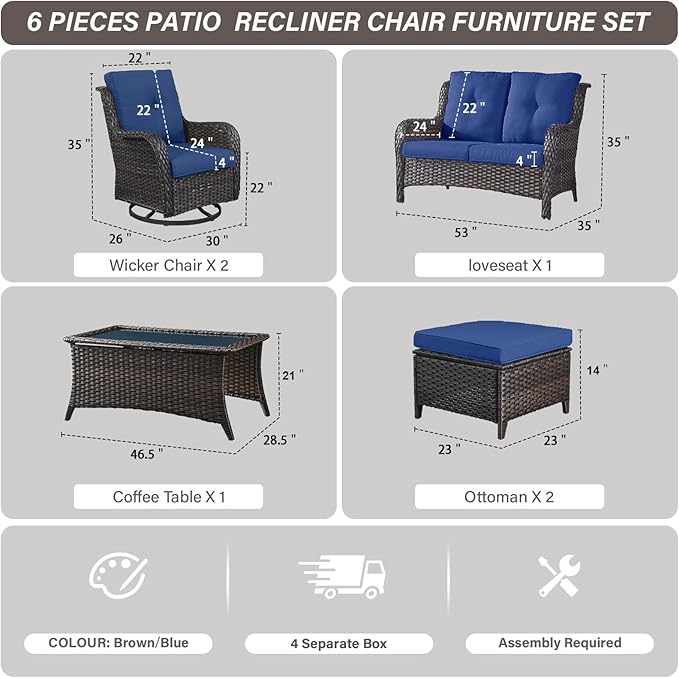 Wicker Outdoor Furniture Patio Furniture Set - 6 Piece Patio Conversation Set with Swivel Rocker Chairs, Loveseat Sofa, Ottomans and Coffee Table, Blue Cushion-VerdiqueGarden