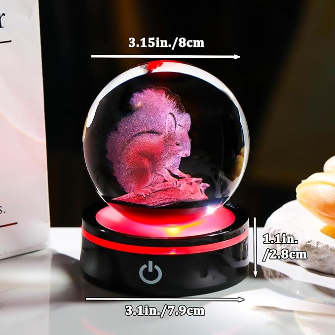 YWHL 3D Squirrel Figurine Crystal Ball with Colorful Light Base, Squirrel Gifts for Women Men on Christmas Birthday, 3D Laser Engraved Squirrel Ornament Glass Decorative Ball for Home Decor (80mm)-VerdiqueGarden