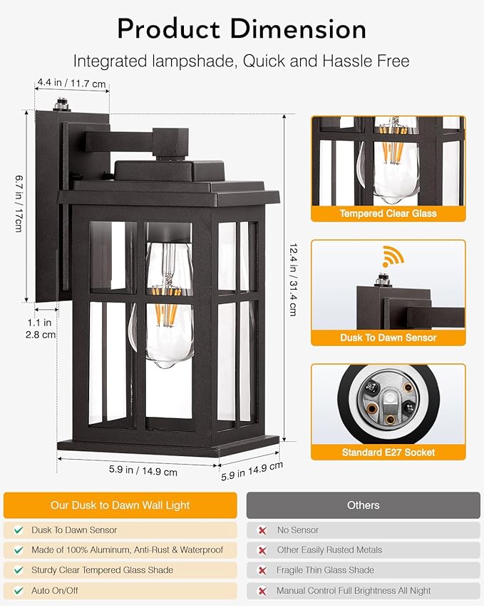 Bronze Dusk to Dawn Outdoor Lighting, 2 Pack Porch Lights, Outdoor Wall Lights with Tempered Glass, Light Fixture for House, Garden, Entryway, Doorway, Waterproof-VerdiqueGarden