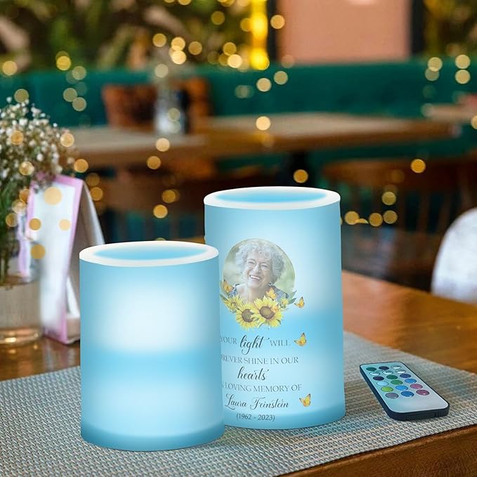 Vdsrup Flameless Candles Set of 2 Memorial Custom LED Candles with Timer Battery Operated Sunflower Candle Lights Flickering with Remote for Home Bedroom Decor-VerdiqueGarden