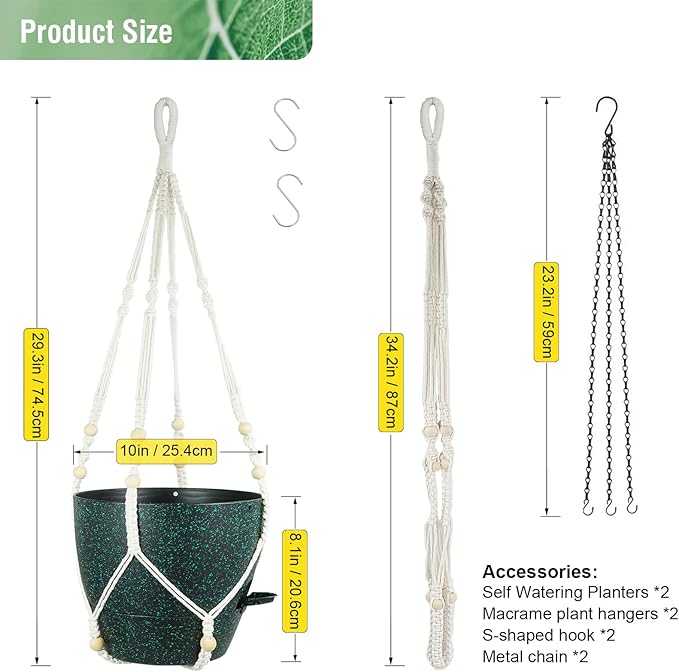 10 inch Self Watering Hanging Planters, 2 Pack Hanging Flower Pots for Indoor Outdoor Plants, Hanging Baskets with Drainage Holes & 2 Kinds of Plant Hangers for Home Decor, Speckled Black-VerdiqueGarden