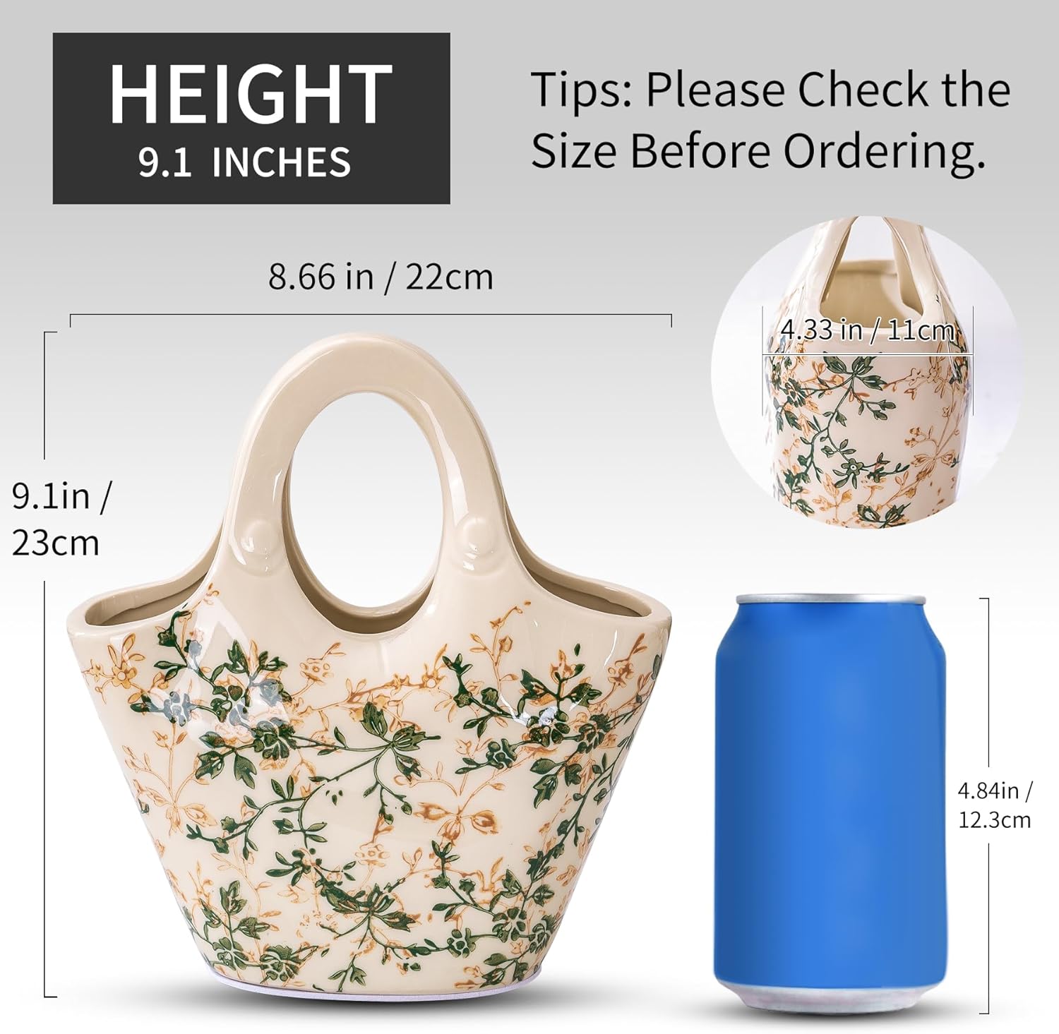 Ceramic Purse Vase for Flowers, Cute Handbag Vases, Vintage Green and Beige Floral Vase, Rustic Farmhouse Vases for Living Room, Kitchen, Bedroom, Table Centerpiece, Chinoiserie and Tuscan Decor 9 in-VerdiqueGarden