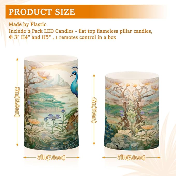 Flickering Flameless Candles, Peacock Garden LED Candles with Remote Timer, Set of 2 Battery Operated Candle for Valentine Wedding Birthday-VerdiqueGarden