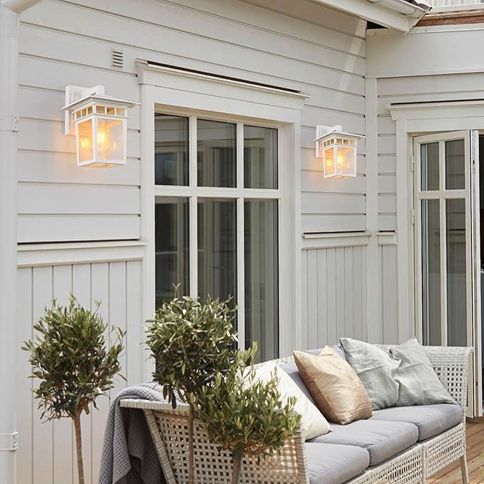 Outdoor Wall Lantern, Exterior Lighting Fixtures Wall Mount, 2 Pack White Outdoor Sconces with Seeded Glass, Exterior Porch/Patio Lights for House Front Door Garage-VerdiqueGarden