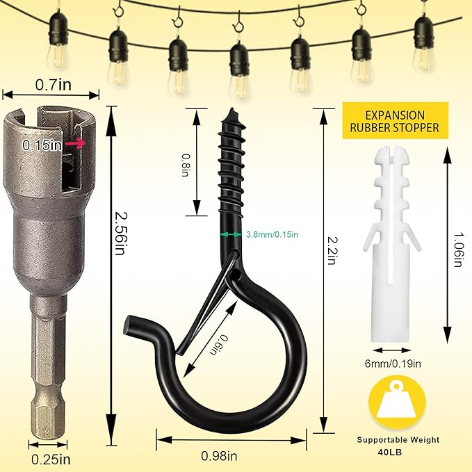 Hooks for Outdoor String Lights, Ceiling Screw Hooks with Safety Buckle Design for Hanging Plants Christmas Lights Party Led Wind Chimes, Black Q Hanger with Wing Nut Driver, 30 Pack-VerdiqueGarden
