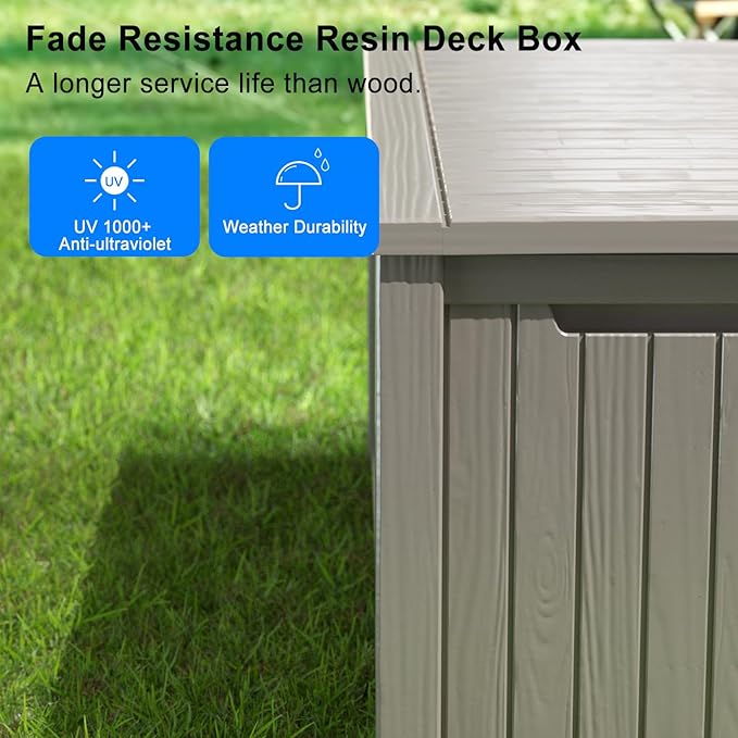 150 Gallon Outdoor Deck Box,Storage Lockable Waterproof Patio Furniture,Garden Tools,Cushions,Pool Accessories Outside Storage Resin Box(Grey)-VerdiqueGarden