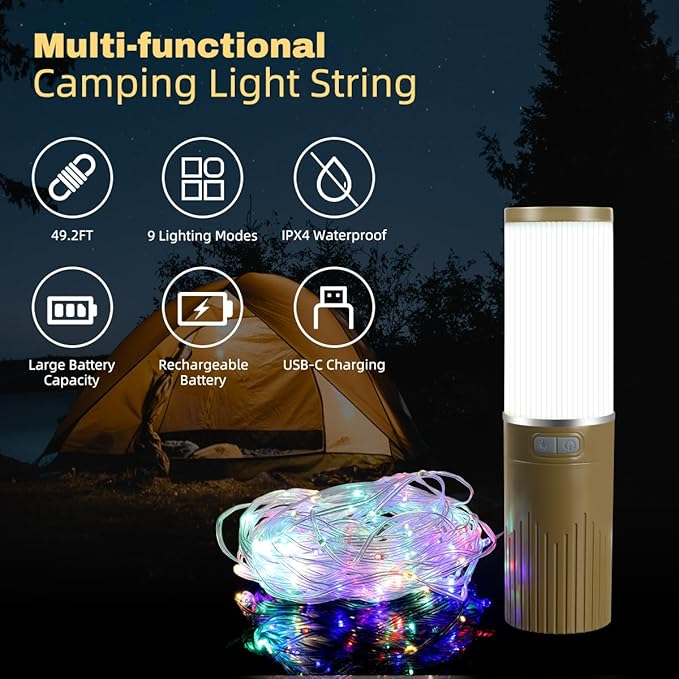 Camping Lantern with 49.2FT String, 2 in 1 Outdoor RGB String Lights with 4 Modes & 5 Modes Rechargeable Camping Lamp IPX4 Waterproof Portable LED Tent Light for Outdoor Yard Garden Decoration-VerdiqueGarden
