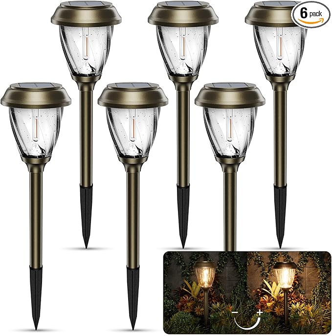 XMCOSY+ Solar Pathway Lights Outdoor, 10/25 LM in 2 Lighting Modes, Glass Stainless Steel Waterproof Outside Solar Powered Garden LED Lights for Yard Lawn Driveway Walkway Landscape Decor(Warm White)-VerdiqueGarden