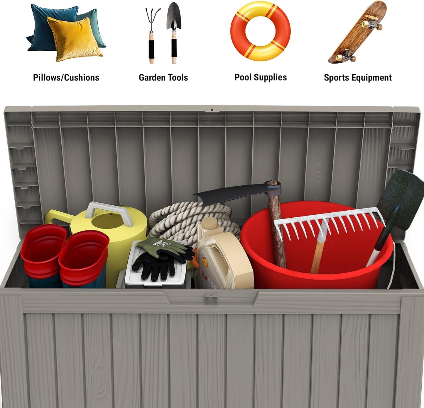 Mars Villa 72 Gallon Deck Box, Outdoor Storage Box Waterproof, Outside Resin Storage Bin for Patio Furniture Cushions, Pool Supplies, Garden Tools, UV-Resistant and Weatherproof, with 4 Wheels, Greige-VerdiqueGarden