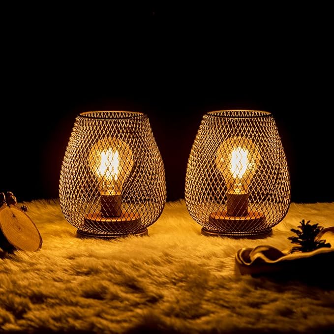 DECORKEY Set of 2 Rechargeable LED Table Lantern, Brown Metal Cage Cordless Lamps with LED Bulb，Vintage Decorative Outdoor Lantern for Weddings, Parties, Patio, Events for Indoors Shelf Decor-VerdiqueGarden