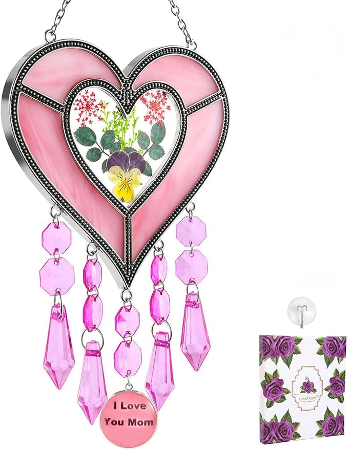Gifts for Mom Suncatcher Heart Shaped I Love You Mom - Colored Glass Light Catcher Hanging Wind Chime Decorations Window Gifts Mother's Day Valentine's Day Birthday Christmas (Pink)-VerdiqueGarden