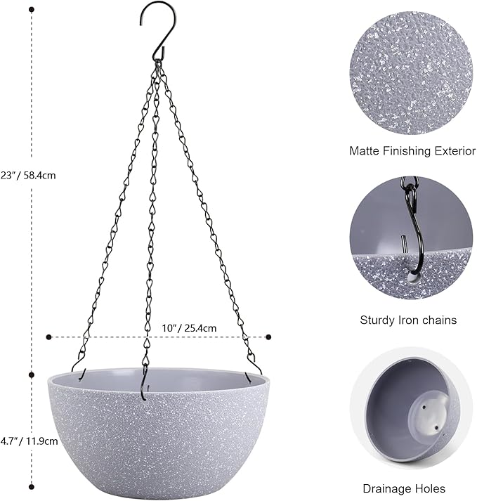 10 inch Hanging Planters for Indoor Outdoor Plants, 2 Pack Hanging Flower Pots with Drainage Holes and Chain for Garden Porch, Plastic Hanging Baskets for House Plants, Speckled Grey-VerdiqueGarden