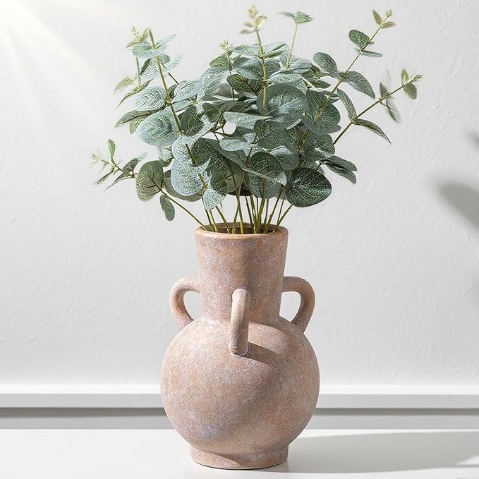 Beige Vintage Terracotta Ceramic Vase with Handles, Rustic Pottery Tulip Vase for Cottage Core Home Mantle Decor, Large Bulk Flower Vases Farmhouse Table Centerpieces, Jarrones Decorativos para Sala-VerdiqueGarden