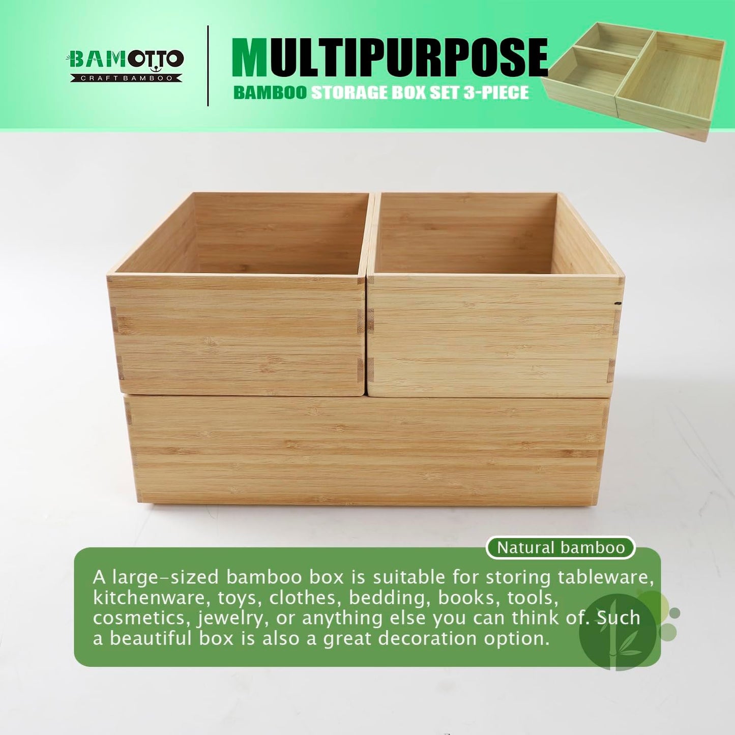 3-Piece Large Bamboo Storage Box Set, 3.1 in High Stackable Deep-Drawer Organizer for Kitchen Cutlery, Cookware, Utensils & Knives, Exquisite Durable Lidless Wooden Bin (14.6"x10.2"*1+10.2"x7.3"*2)-VerdiqueGarden