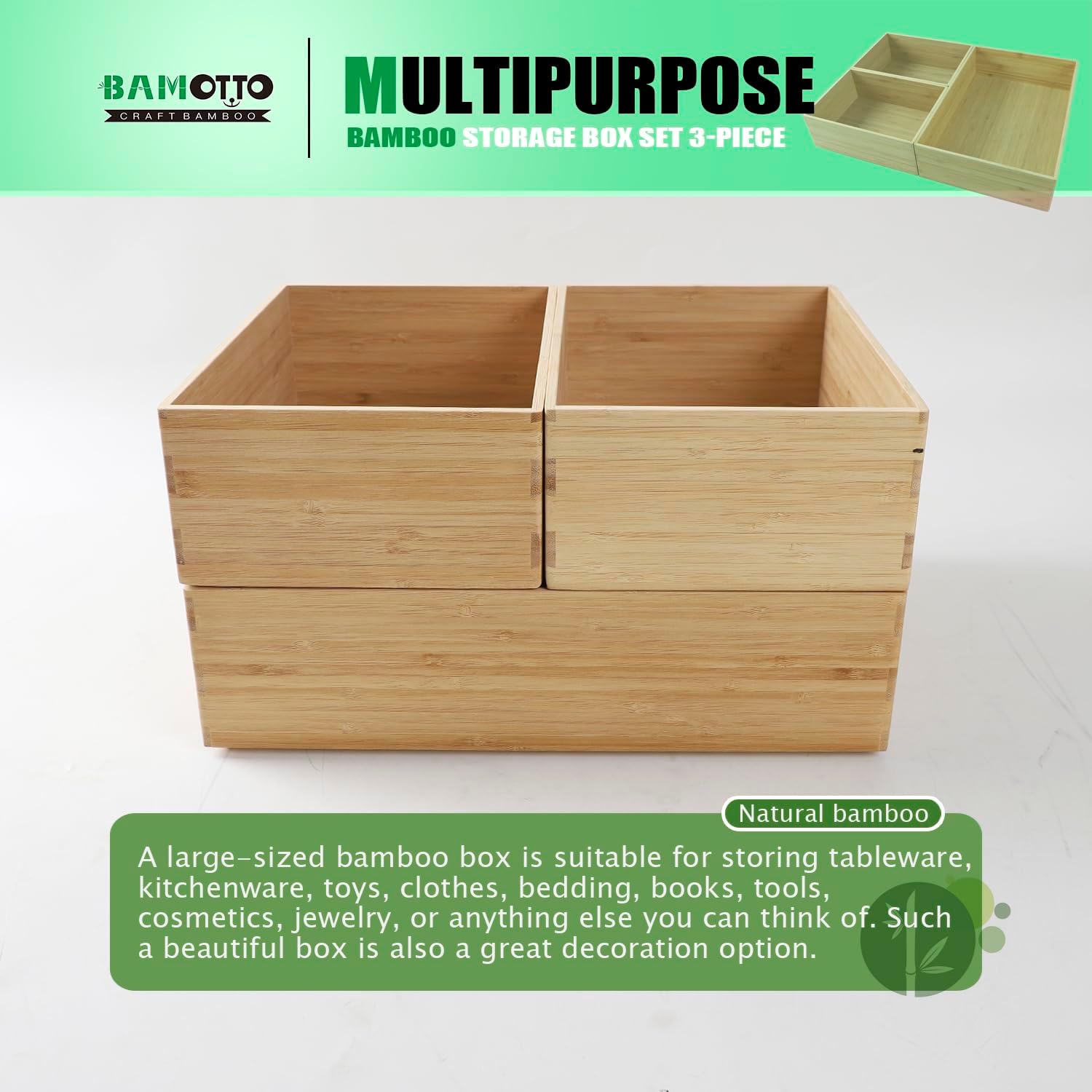 3-Piece Large Bamboo Storage Box Set, 3.1 in High Stackable Deep-Drawer Organizer for Kitchen Cutlery, Cookware, Utensils & Knives, Exquisite Durable Lidless Wooden Bin (14.6"x10.2"*1+10.2"x7.3"*2)-VerdiqueGarden
