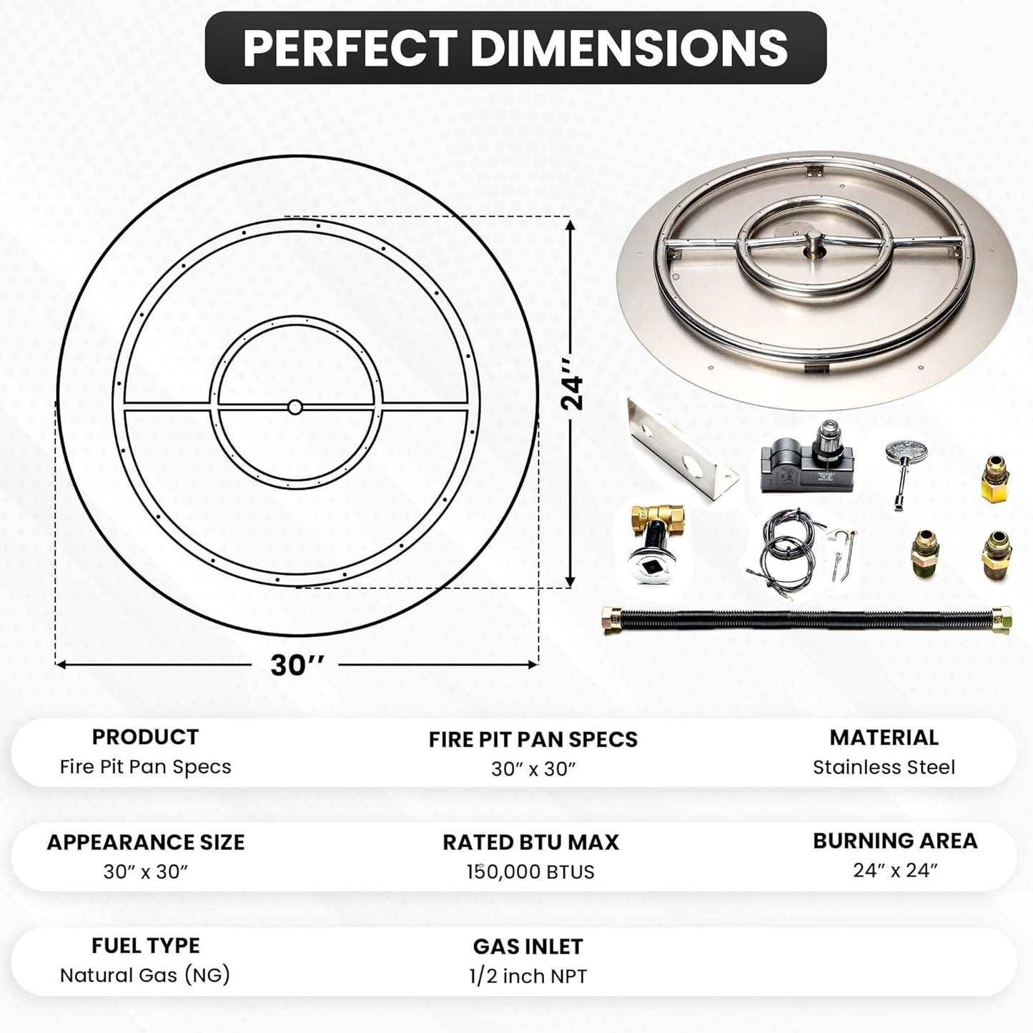 Stainless Steel Fire Pit Burner Pan & Ring Standard Kit with Spark Ignition for Natural Gas, 30-Inch Pan, 24-Inch Ring, 150,000 BTU Max-VerdiqueGarden