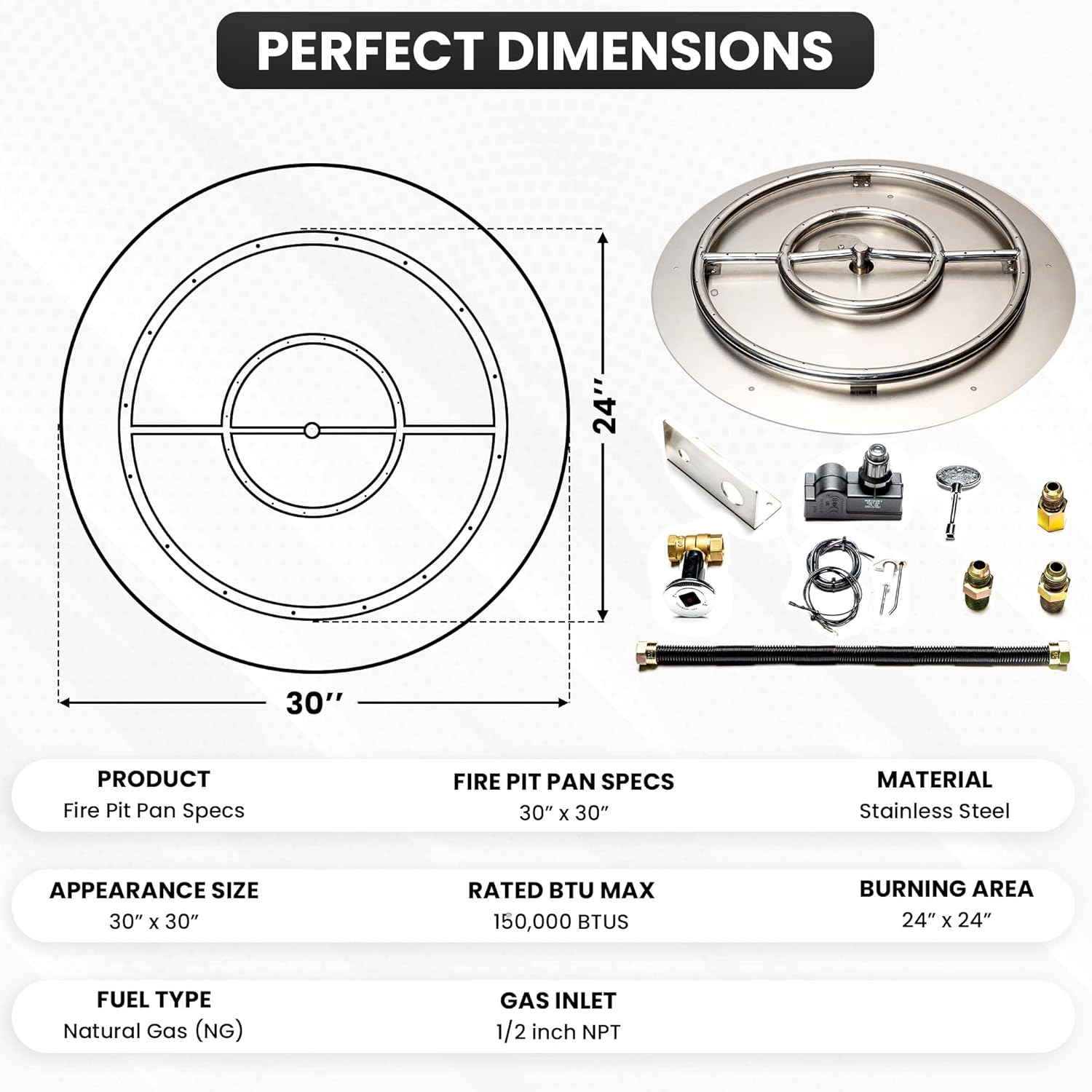 Stainless Steel Fire Pit Burner Pan & Ring Standard Kit with Spark Ignition for Natural Gas, 30-Inch Pan, 24-Inch Ring, 150,000 BTU Max-VerdiqueGarden