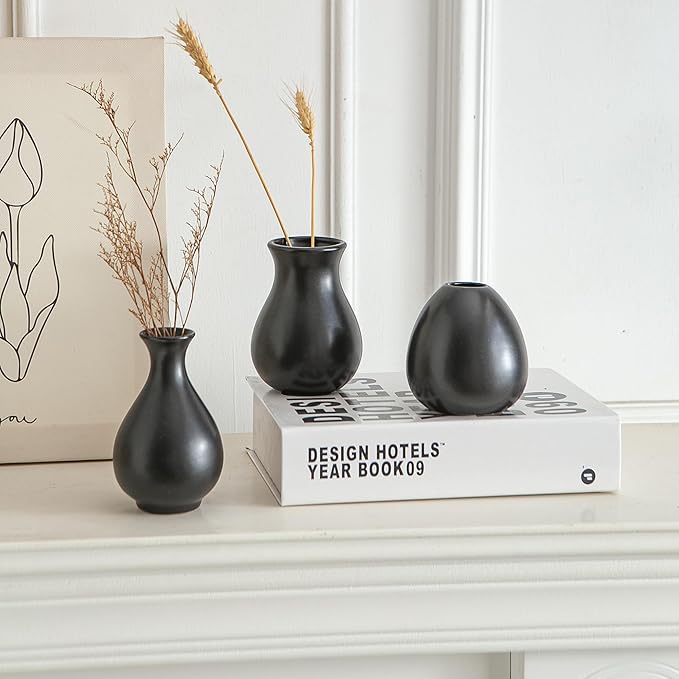 JOJUNO Black Bud Vases, Small Ceramic Vase Set of 11, Mini Pottery Vases for Flowers, Decorative Pieces for Home Modern Decor, Boho Decor, Chic Accents for Living Room Dining Table Shelves-VerdiqueGarden