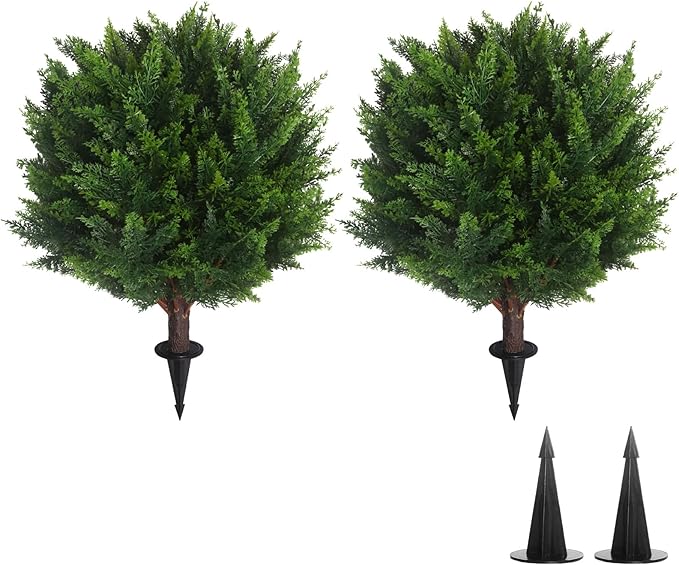 22''T Artificial Cedar Topiary Ball Tree 2 Pack, Outdoors Artificial Shrubs Faux Plants Uv Rated Perfect for Outdoor, Indoor - Easy to Install.-VerdiqueGarden
