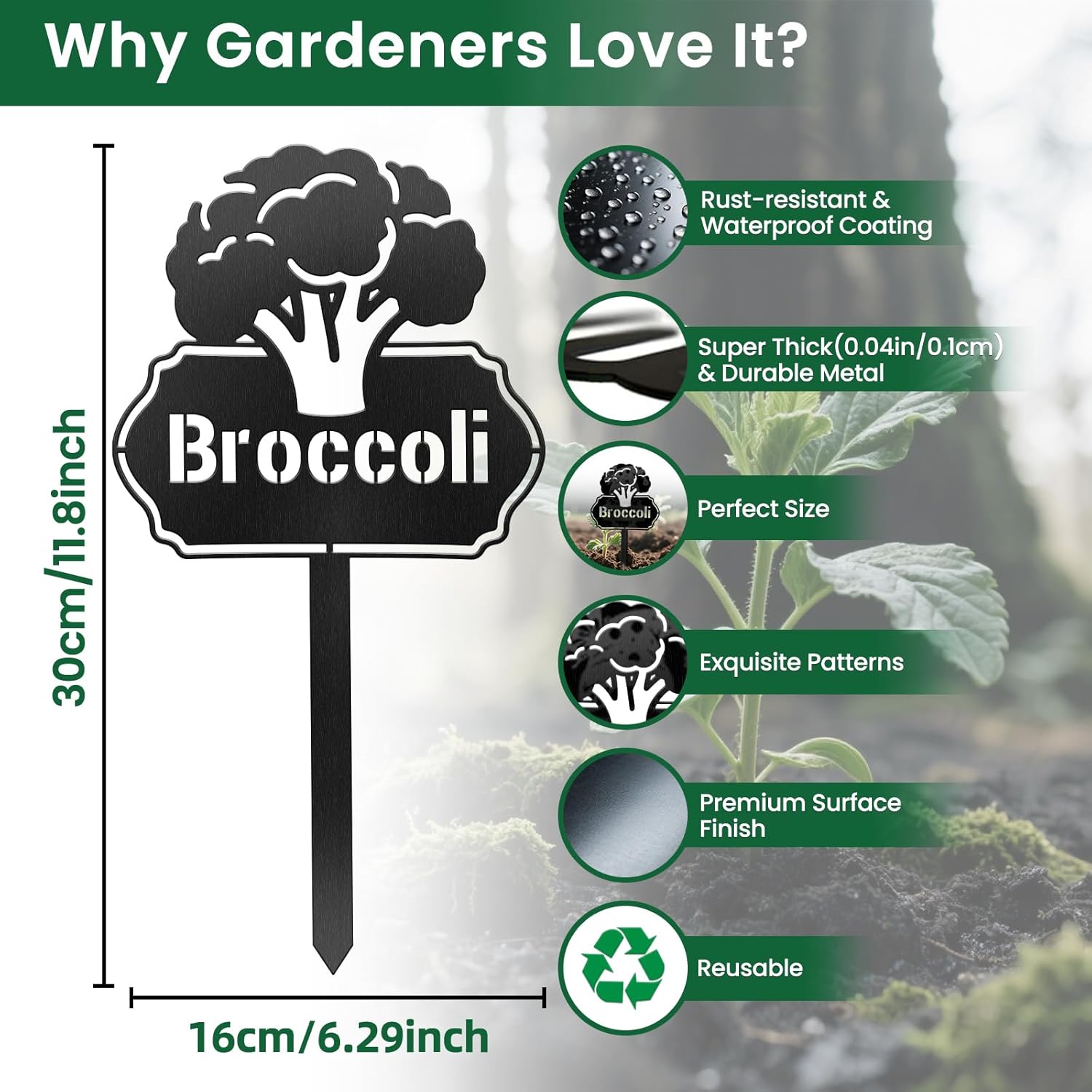 CUTHOLLOW Metal Plant Marker Stake Broccoli for Outdoor Indoor, Waterproof 11.8 inch Cute Garden Plant Labels Sign Tag for Vegetables, Farmhouse Greenhouse Decor - Funny Gardening Gifts-VerdiqueGarden