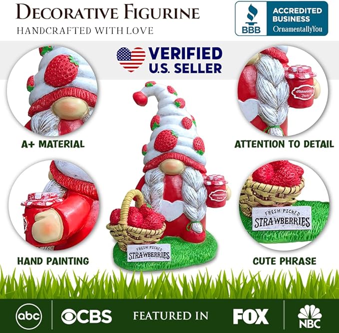 Spring & Summer-Themed Garden Statues – Adorable Outdoor Decor for Lawn, Patio & Porch (Charming Homestead Strawberry Gnome Garden Statue, 9.5" Farmhouse Style Unique Fruit Home Decor)-VerdiqueGarden