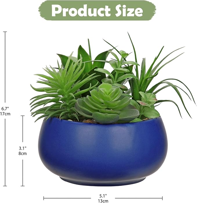 Fake Plants Artificial Succulents in Pots Faux Succulent Arrangement Potted Plant in Blue Ceramic Planter Bowl for Home Decor Office Desk Bathroom Shelf Living Room Indoor Decorations-VerdiqueGarden